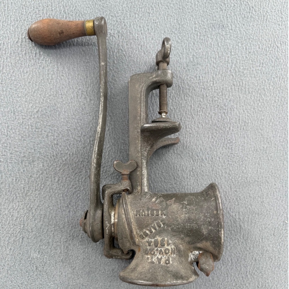 Antique Steinfeld No 21 Cast Iron Meat Grinder 1904 Pat. Wood Handle Farmhouse